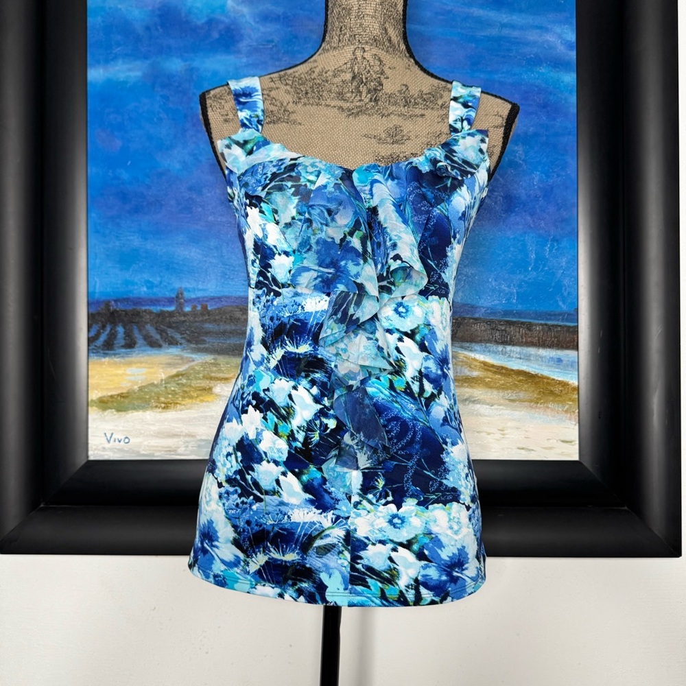 White House Black Market Blue Floral Ruffle Tank Top